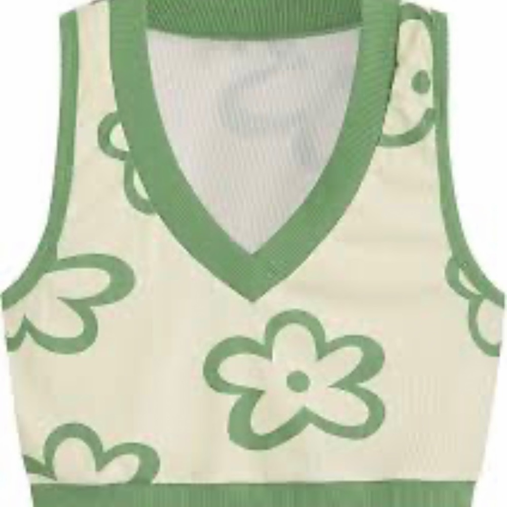 Shein Floral Print Contrast Binding V Neck Ribbed Crop Tank, Sz M